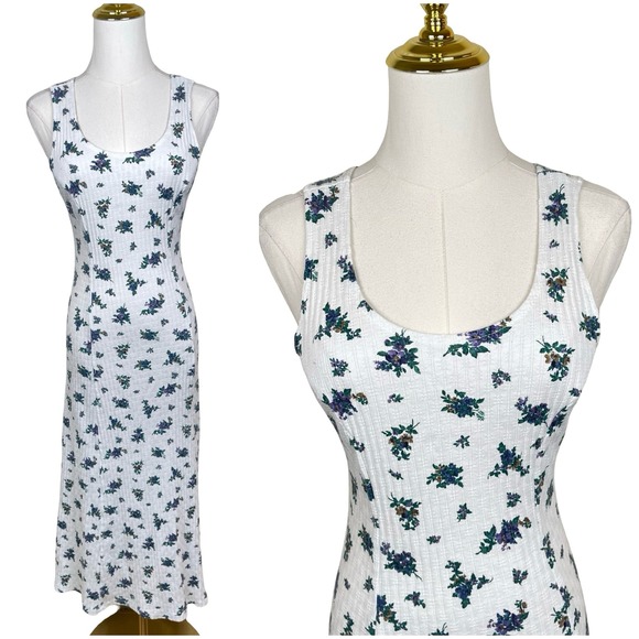 Vintage Dresses & Skirts - Vintage Ditsy Floral Ribbed Maxi Dress Women 10/12 White Purple 90s Grunge